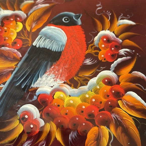 Russian hand painted artist signed Enamel on metal small tray Bird & berries - Picture 2 of 8